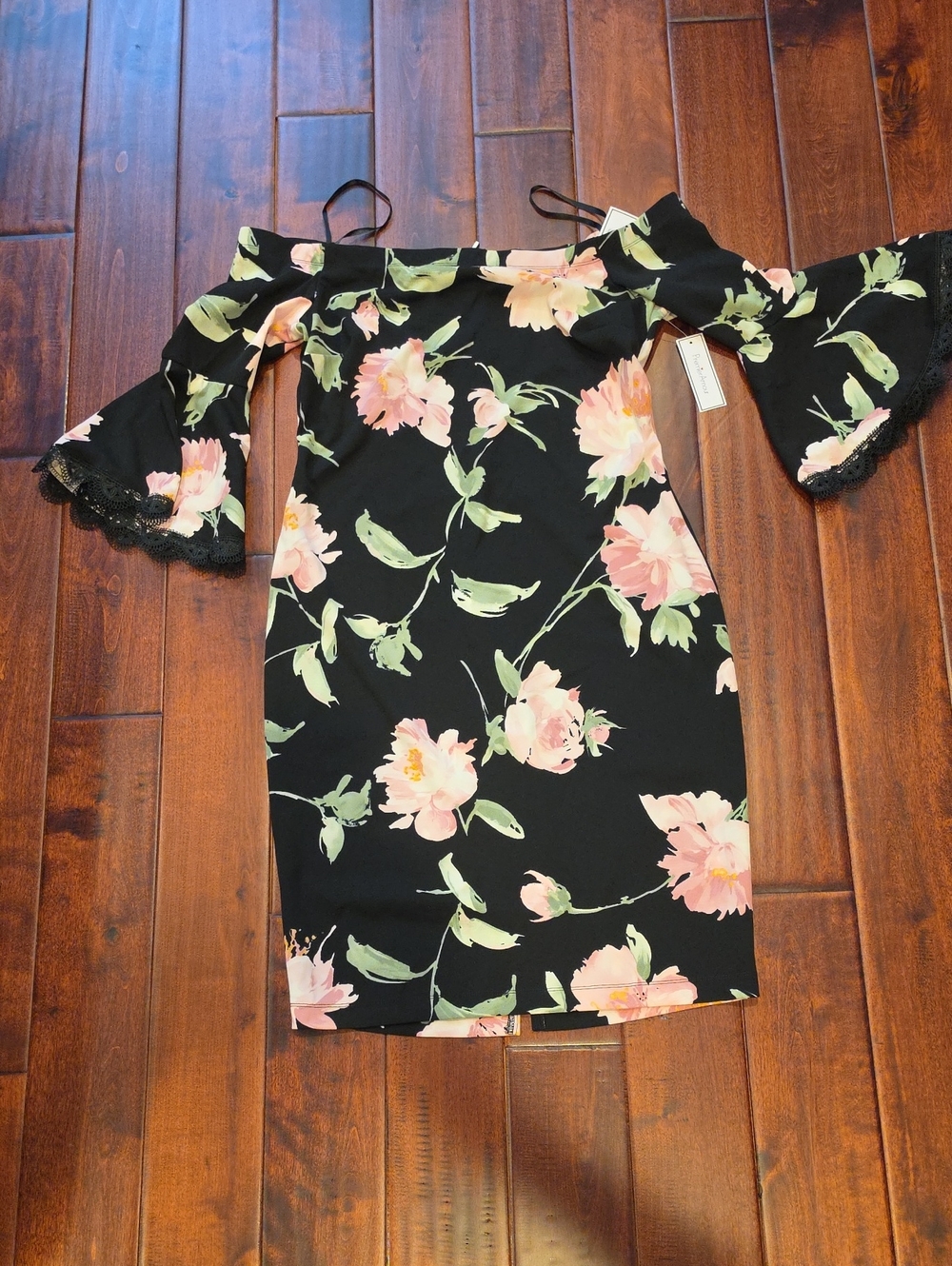Floral Off-Shoulder Black Dress with Bell Sleeves Size 16 New  w Tags